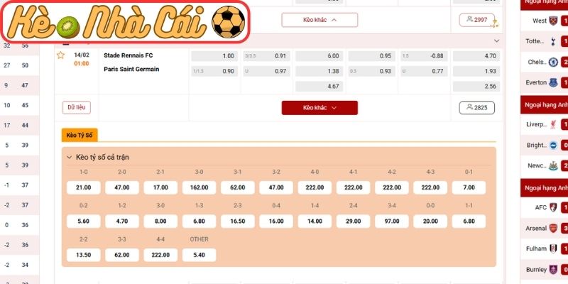 Kèo châu Âu trận Stade Rennais FC vs Paris Saint Germain (01:00 14-02, Ligue 1)