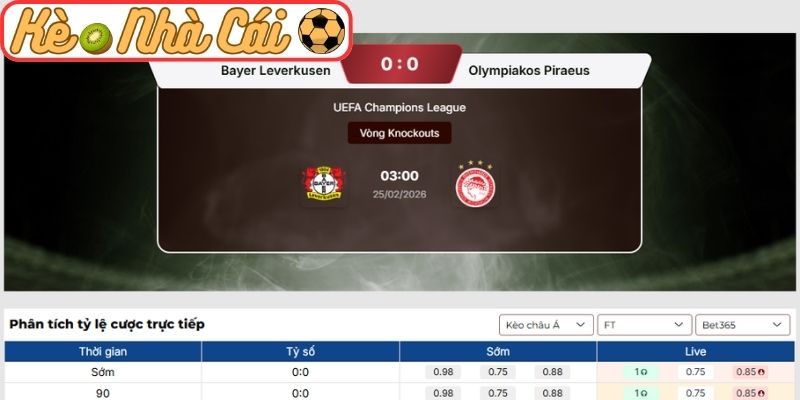 Soi kèo trận đấu Bayer Leverkusen vs Olympiakos Piraeus (03:00 25-02, C1) 3 Kèo châu Á trận Bayer Leverkusen vs Olympiakos Piraeus (03:00 25-02, C1)