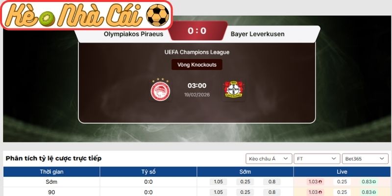 Kèo châu Á trận Olympiakos Piraeus vs Bayer Leverkusen (03:00 19-02, C1)