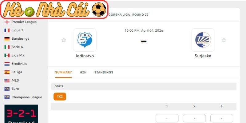Kèo châu Á trận Jedinstvo vs Sutjeska (22:00 01-04, VĐQG Montenegro)