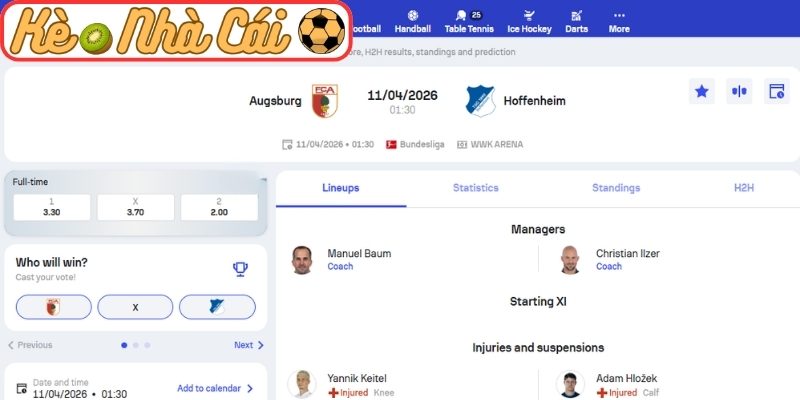 Kèo châu Á trận Augsburg vs Hoffenheim (01:30 11-04, Bundesliga)