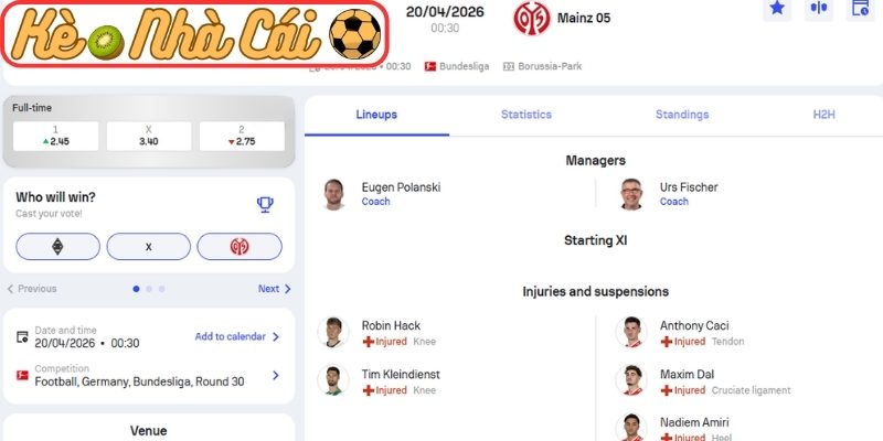 Kèo châu Á trận Borussia M'gladbach vs Mainz 05 (00:30 20-04, Bundesliga)