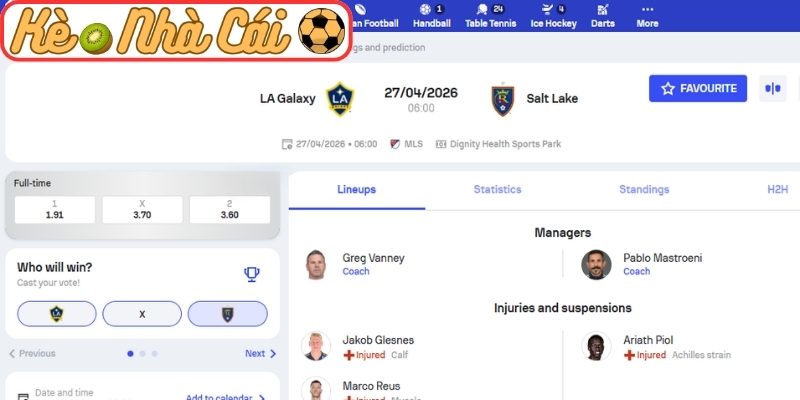 Kèo châu Á trận LA Galaxy vs Real Salt Lake (06:00 27-04, MLS)